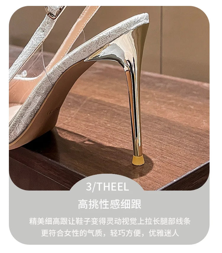 French Bride Gold Wedding Shoes spring women Thin Heel Pointed Shallow Mouth Flower Rhinodrill High Heels  Fashion Sandals