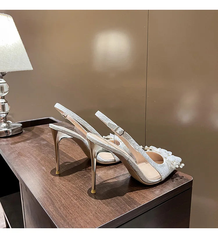 French Bride Gold Wedding Shoes spring women Thin Heel Pointed Shallow Mouth Flower Rhinodrill High Heels  Fashion Sandals