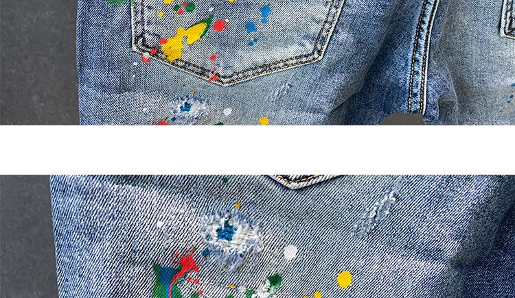 2025 Summer New Fashion Trend Printed Ripped Straight Stretch Jeans Men's Casual Loose Sports High Quality Denim Shorts 28-36