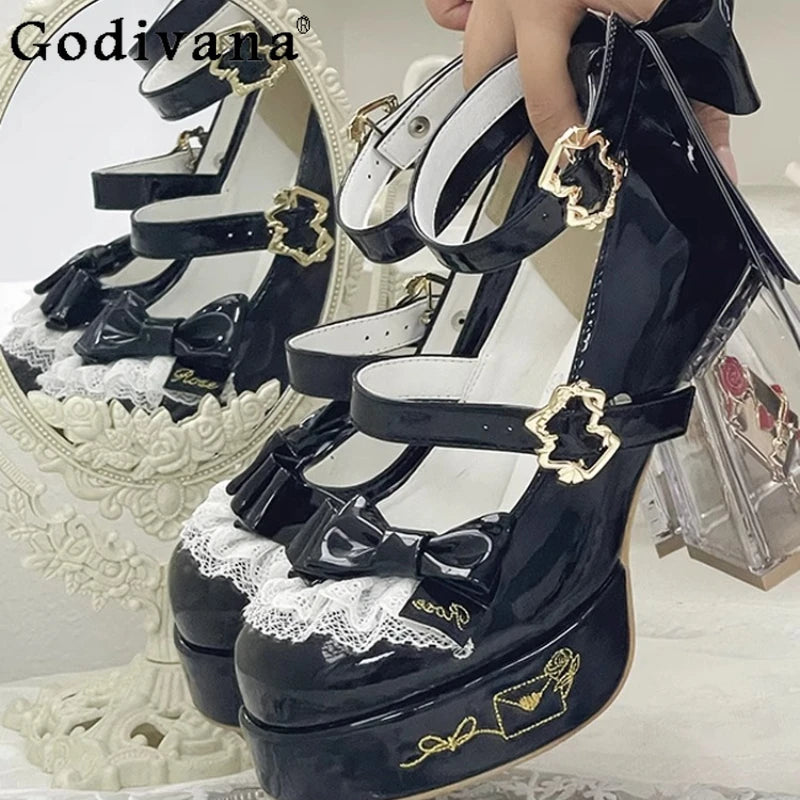 Original Design Lolita High Heeled Shoes Women Round Head Thick Sole Cute Shoes Female Versatile Elegant Mary Jane Pumps