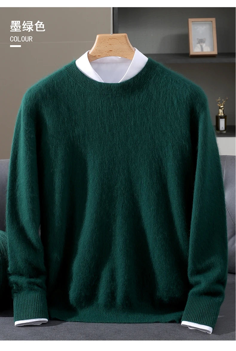 Autumn Winter 100% Mink Cashmere Sweater Men's Round Neck Pullover Loose Solid Color Plus Size Base Knit Business Casual Sweater