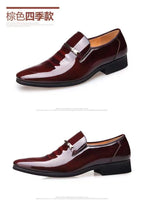 Mens Formal Wine Red Patent Leather Loafers Pointed Toe Slip On Shoes Hollow Out Non SlipBreathable Design Metal Buckle Decor