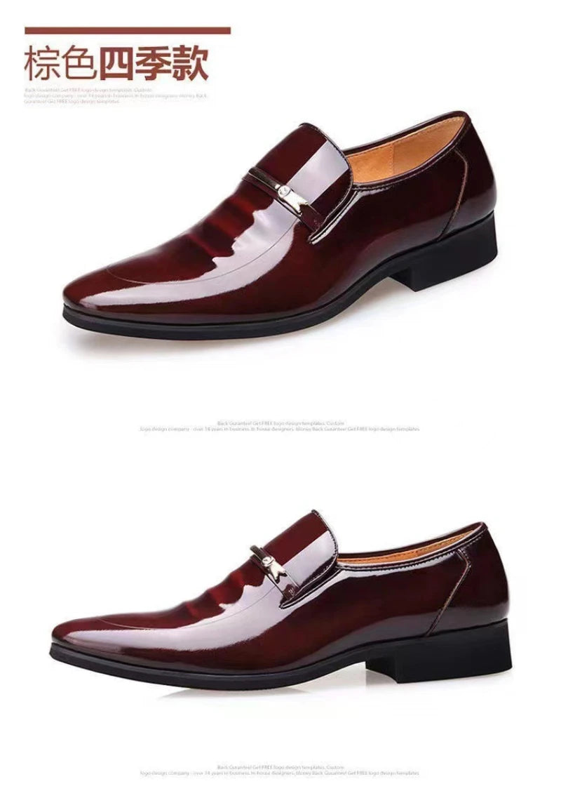 Mens Formal Wine Red Patent Leather Loafers Pointed Toe Slip On Shoes Hollow Out Non SlipBreathable Design Metal Buckle Decor