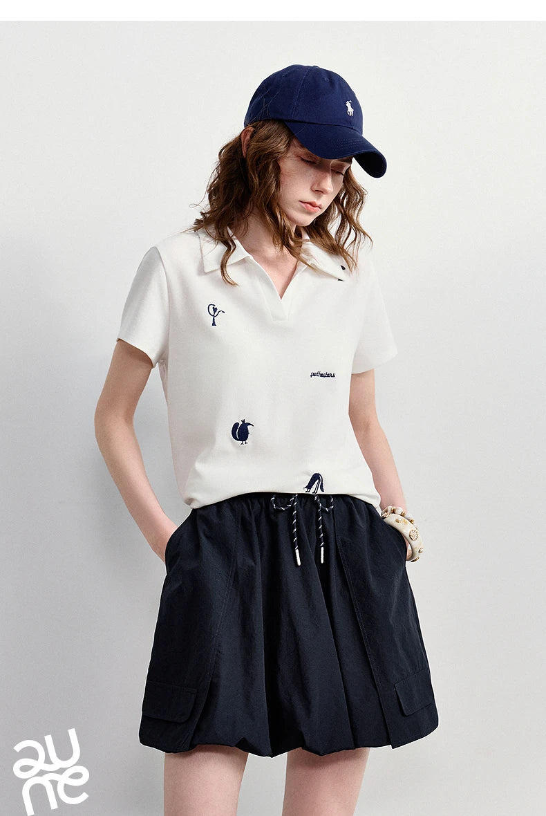 TOYOUTH Women Polo T-Shirt 2026 Summer Joint Name with Gongchangzhang Embroidered V-Neck Age-Reducing Trendy Tops