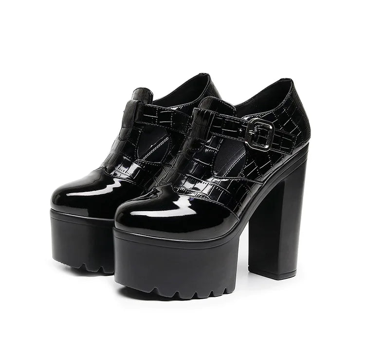 14cm Small Size 32-43 Elegant Patent Leather Mary Janes Chunky Platform Pumps 2025 Spring Block High Heels Shoes for Model Dress