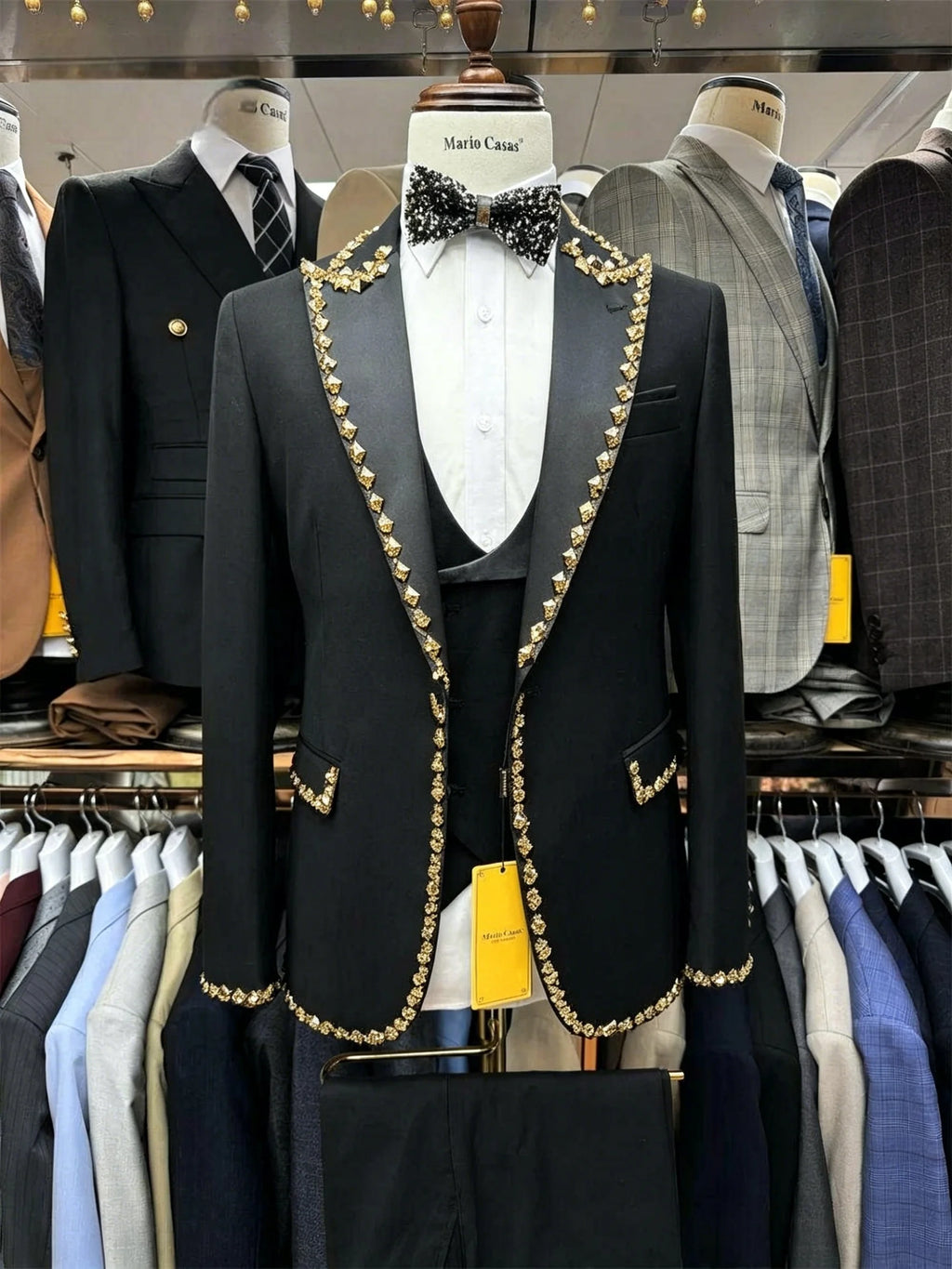 Black Men Suits Set 3 Pieces BlazerVest Pant Crystals Prom Groom Wedding Tuxedos Tailored Made Formal Office Jacket Outfit