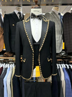 Black Men Suits Set 3 Pieces BlazerVest Pant Crystals Prom Groom Wedding Tuxedos Tailored Made Formal Office Jacket Outfit