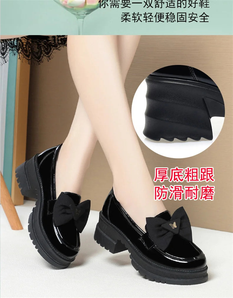 Spring Women British Style Shallow Patent Leather Black Loafers Thick Bottom Bow Platform Shoes 2024 Med Heels Single Pumps