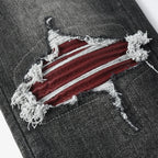 Men's Fashionable Black/Gray Jeans with Pleats Nostalgic Perforations Red Patches Washed Water High Street Style