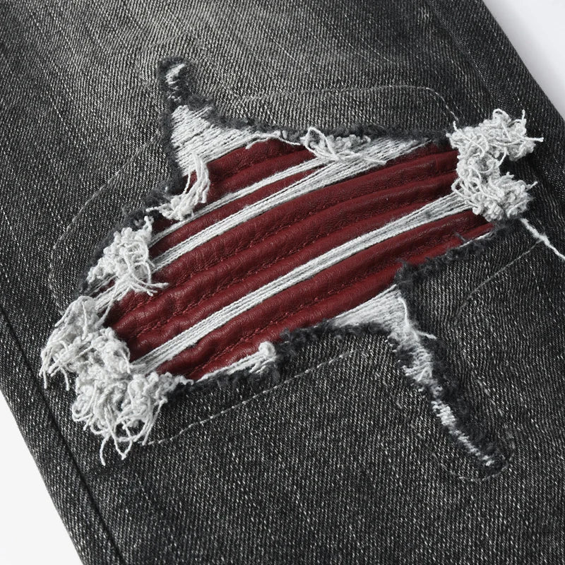 Men's Fashionable Black/Gray Jeans with Pleats Nostalgic Perforations Red Patches Washed Water High Street Style