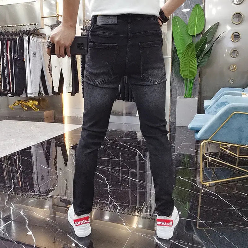 Hot-Stamped Rhinestone Men's Jeans, Trendy Brand, Stretchy Slim Fit, Embroidered and Printed Men's Trousers