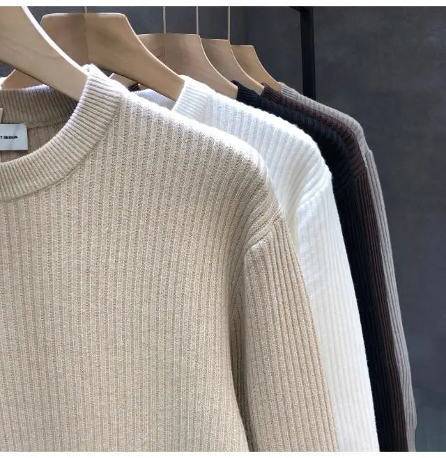 Korean Style Men's Sweater Vertical Stripes Round Neck Pullovers High Quality Inner Soft Knitted Fashion Versatile Undershirt