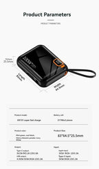 Portable Mini Power Bank, 66W, 20000mAh, Built-in Cable, PD20, Super Fast Charging, Compact, New