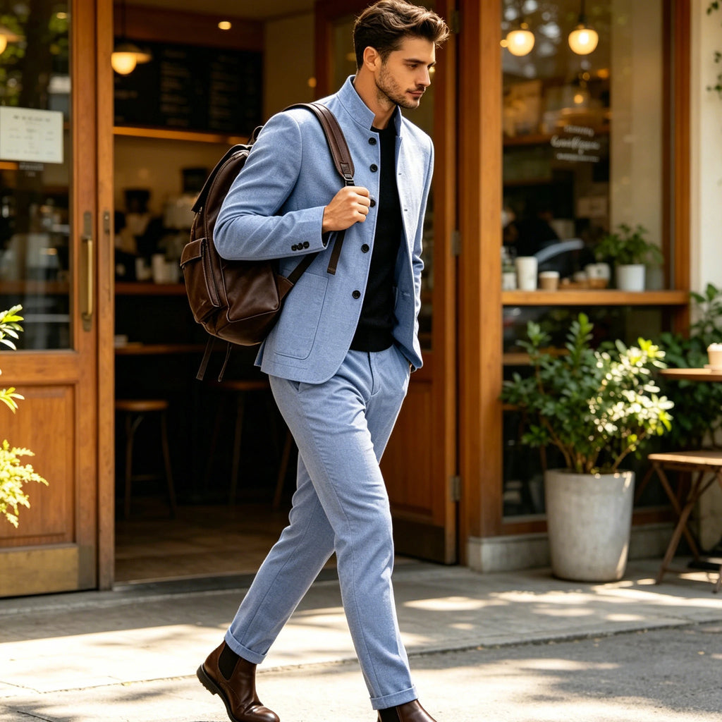 Men's Linen Stand Collar Suit 2-Piece Blazer & Pants Set Slim Fit Business Casual Tuxedo Jacket Trousers Formal Wedding Outfit