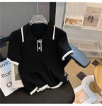 Ice silk knitted short sleeved T-shirt for women's summer 2024 new fashionable and stylish polo shirt top