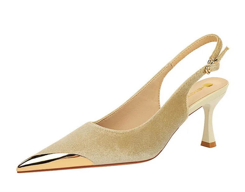 Elegant Women Green High Heel Velvet Pumps Wedding Party Slingback Sandals Metal Pointed Toe Hollow Buckle Wine Red Shoes