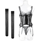 Willowy Women's Lingerie Sets Sexy Corset Lace Bra and Panty 2PCS with Stockings Sheer Outfits Sissy Girl's Intimate Underwear