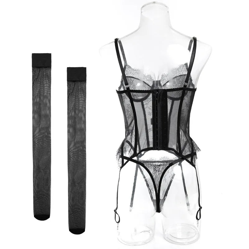 Willowy Women's Lingerie Sets Sexy Corset Lace Bra and Panty 2PCS with Stockings Sheer Outfits Sissy Girl's Intimate Underwear