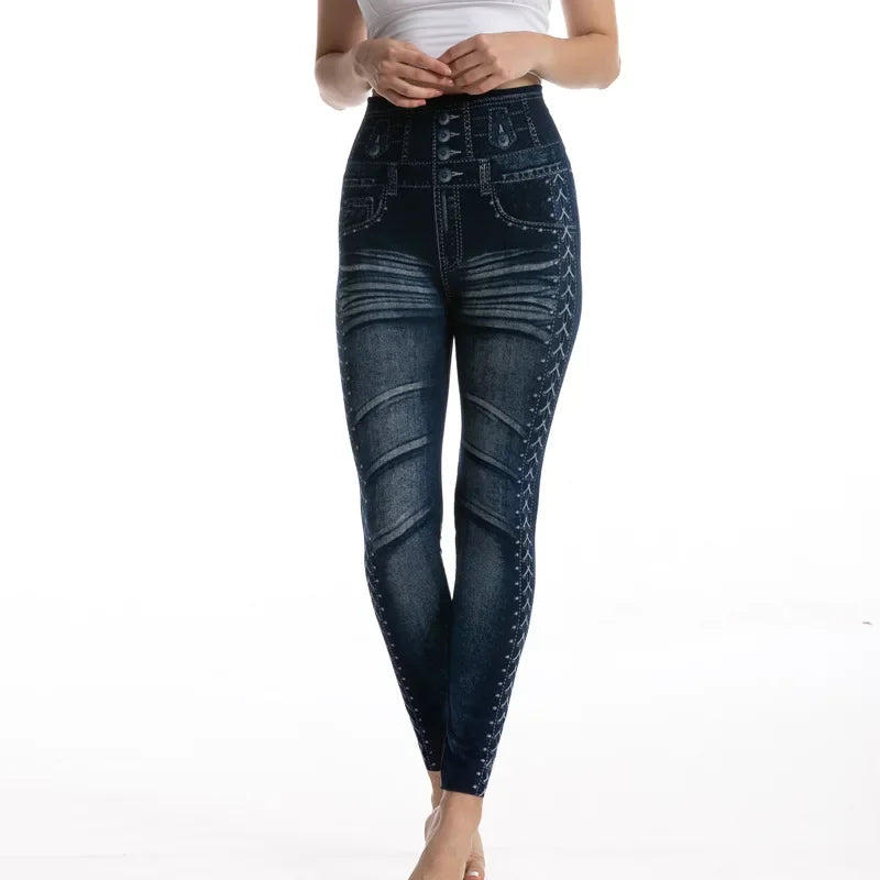 High Waist Faux Denim Jean Leggings Slim Elastic Seamless Skinny Pencil Pant Summer Female Workout Fashion Denim Jeans Leggings