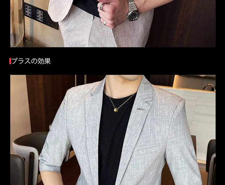 Men's Summer New Slim Fit 3/4 Sleeve Blazer Set Thin Seven-Point Sleeve Suit Outfit Casual Business Two-Piece Set