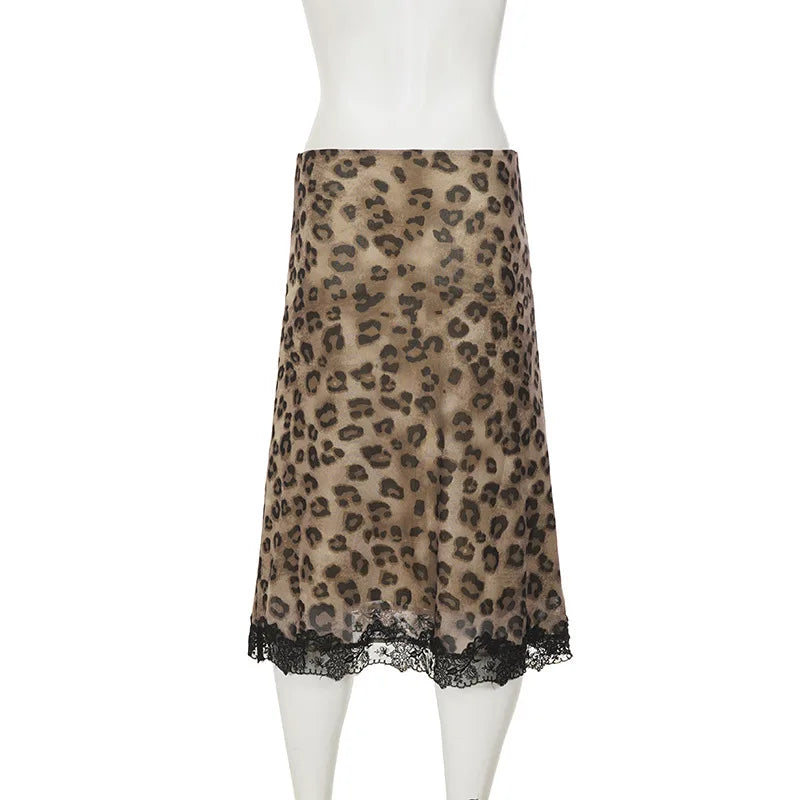 Talenza Summer Leopard Print Midi Skirts Sexy Women's Lace Patchwork Slim Skirts Fashion New Vintage Vacation Clubwear Y2K Skirt