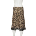 Talenza Summer Leopard Print Midi Skirts Sexy Women's Lace Patchwork Slim Skirts Fashion New Vintage Vacation Clubwear Y2K Skirt