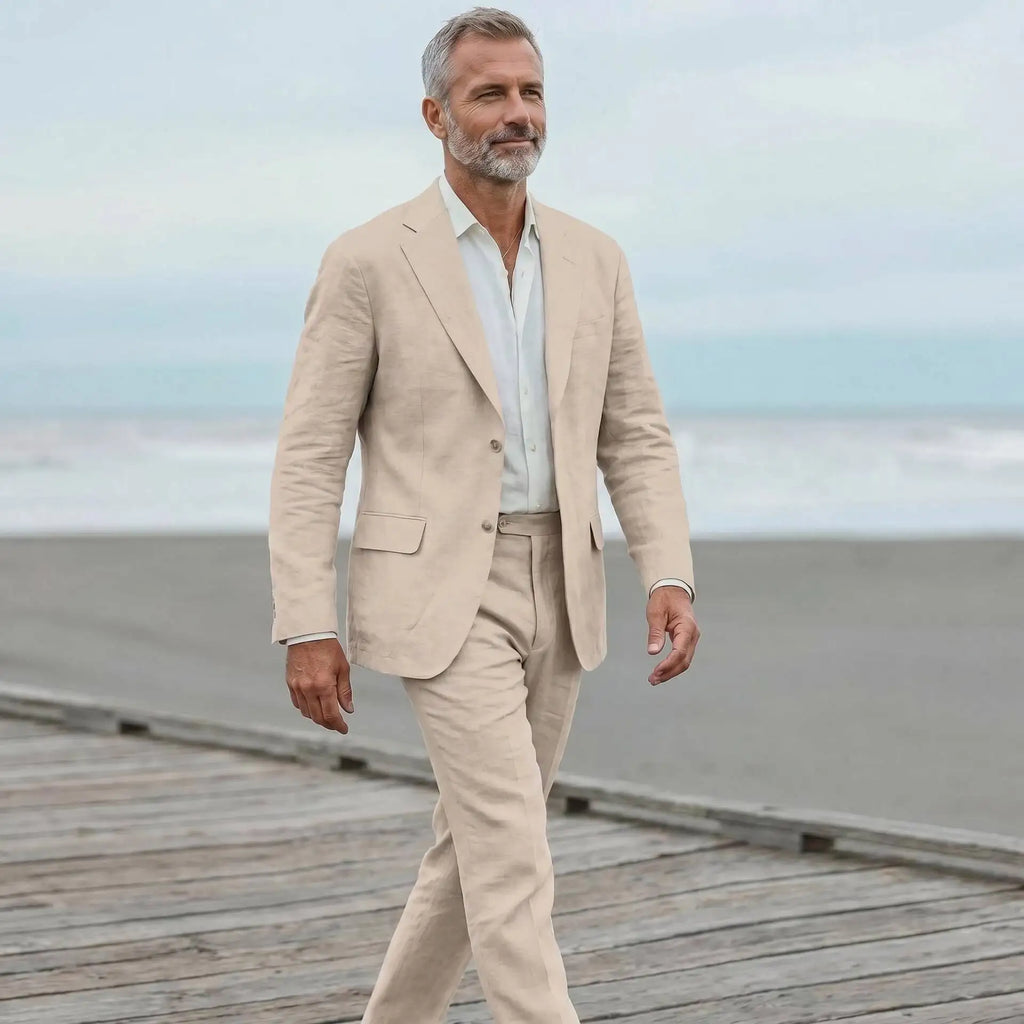 Men's linen casual men's beach party business suit two-piece wedding tailcoat set with split collar suit jacket and pants