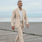 Men's linen casual men's beach party business suit two-piece wedding tailcoat set with split collar suit jacket and pants