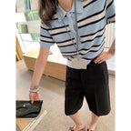 Striped POLO Neck Ice Silk Short Sleeved Women's Summer Thin Fashion Loose Lapel Knit Top