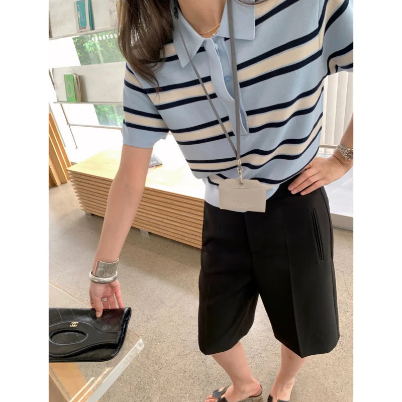 Striped POLO Neck Ice Silk Short Sleeved Women's Summer Thin Fashion Loose Lapel Knit Top