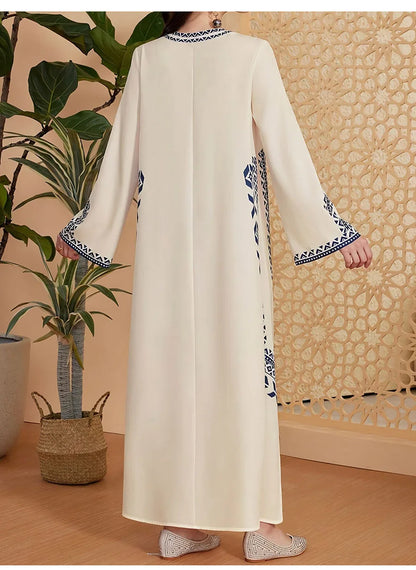 Fashion Muslim Women's Printed V-neck Robe 2025 Autumn V-neck Long Sleeve Arab Ethnic Style Printed Maxi Dress For Women Elegant