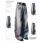Japanese Anime Zip Off Panel Jeans Woman High Waist Wide Leg Detachable Print Denim Pants Purple Gold Patchwork Straight Jeans