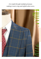 ST Cassy Dark Blue 3 Piece Checkered Suit Set Stylish Business Office Wedding Formal Outfit Elegant Full Man Suit