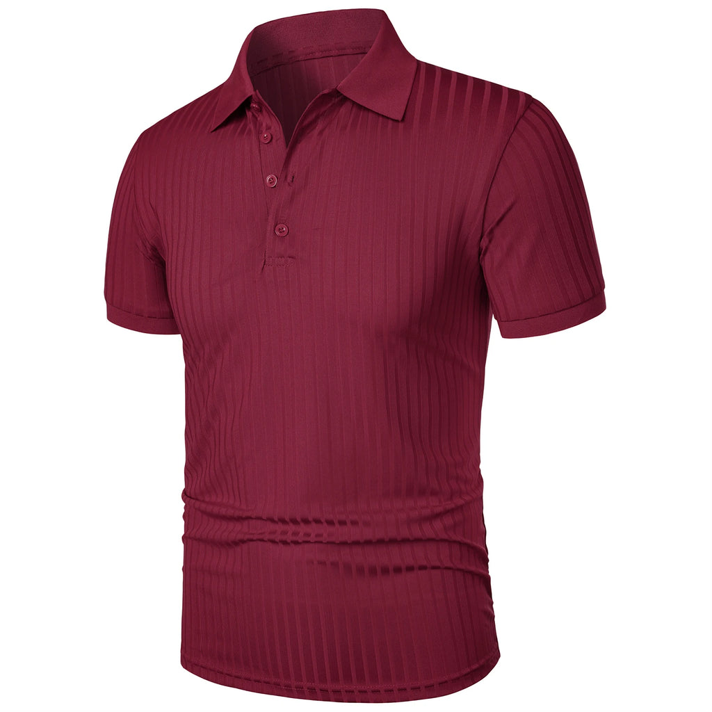 Men's running sports fitness wear summer high stretch vertical short-sleeved POLO shirt slim knit base shirt