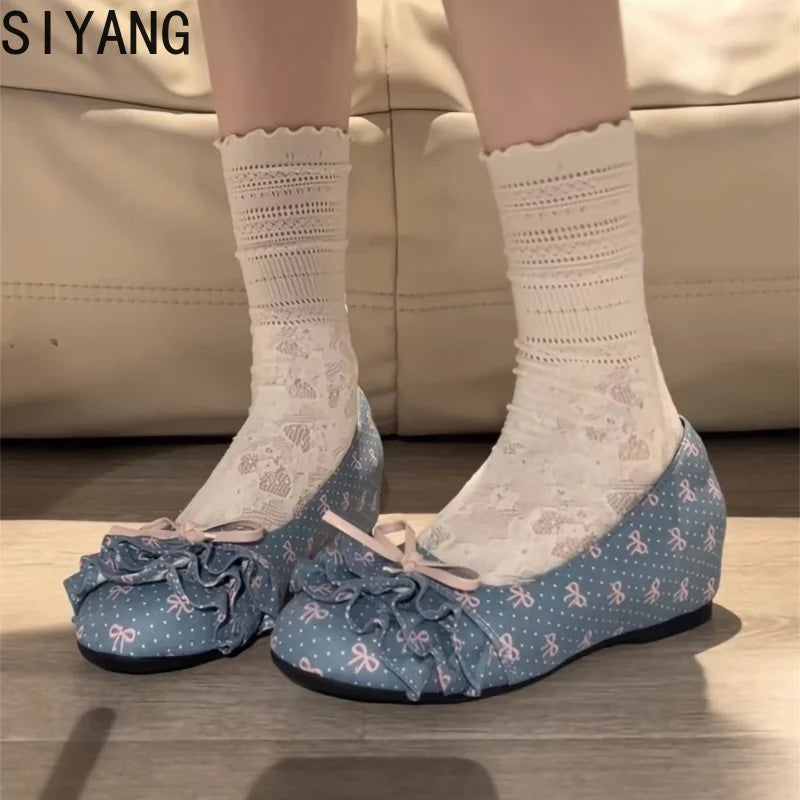 Polka Dot Mary Jane Shoes Women Sweet Ruffle Internal Elevation Shoes Ladies Soft Sole Slip On Daily Comfort Dress Footwear
