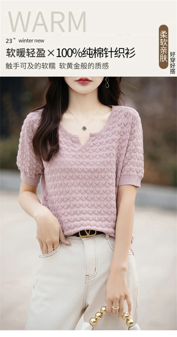 Women's T-shirt Summer New 100% Pure Cotton Tees Casual Solid Knitted Short sleeved V-neck Pullover Loose Tops Fashion Sweater