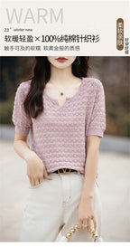 Women's T-shirt Summer New 100% Pure Cotton Tees Casual Solid Knitted Short sleeved V-neck Pullover Loose Tops Fashion Sweater