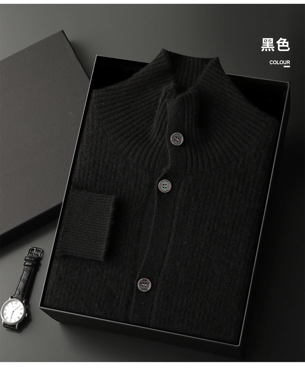 Luxury 100% Cashmere Cardigan for Men Mock Collar Thickening Sweater Autumn Winter Knitted Coat Soft Clothing Smart Casual Top