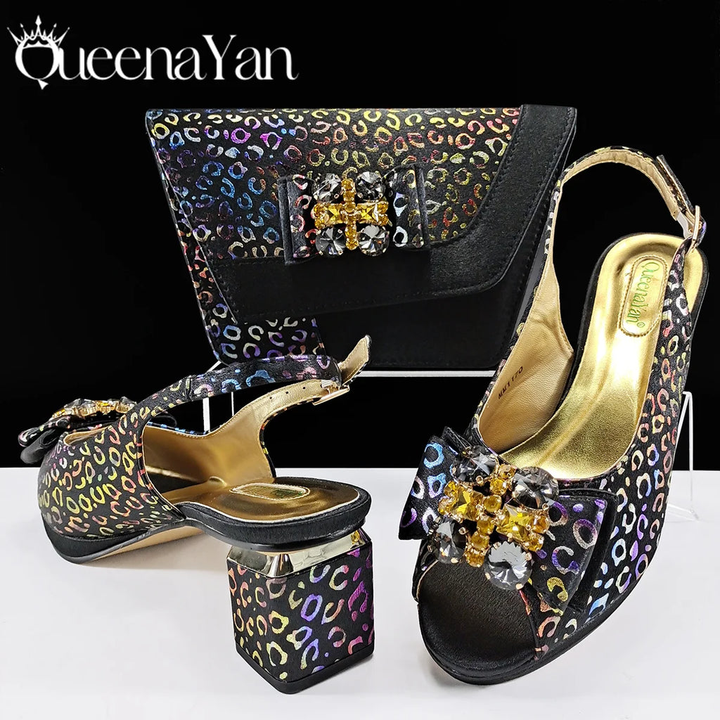 Queena Yan  2025 Shiny Italian Fashion Pointed Toe Women Heel Fashion Rhinestone Decoration Pink Color Shoes And Bag Set