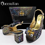 Queena Yan  2025 Shiny Italian Fashion Pointed Toe Women Heel Fashion Rhinestone Decoration Pink Color Shoes And Bag Set