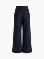 Missuoo 2026 Summer Women's Trendy Wide Leg Jeans Dark Blue High Waist Center Pleated Denim Pants with Contrast Stitching