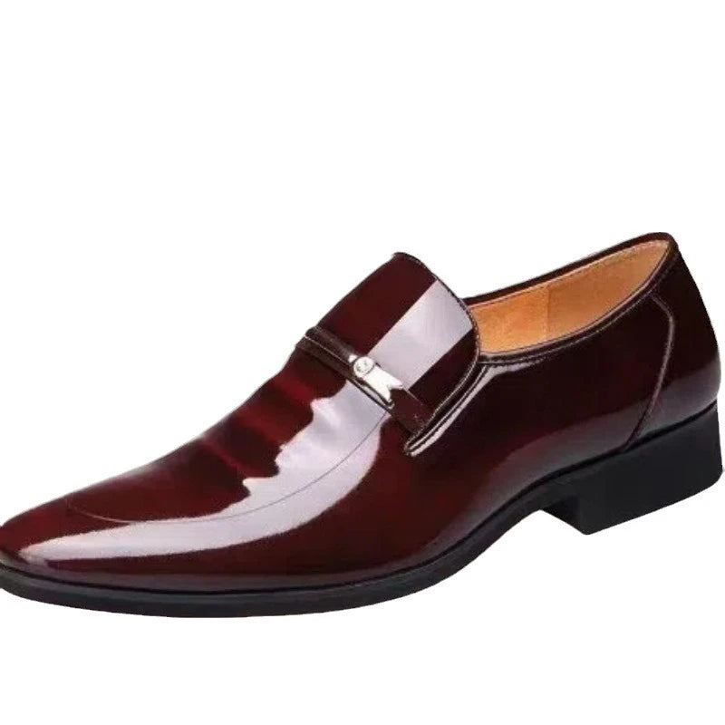Mens Formal Wine Red Patent Leather Loafers Pointed Toe Slip On Shoes Hollow Out Non SlipBreathable Design Metal Buckle Decor