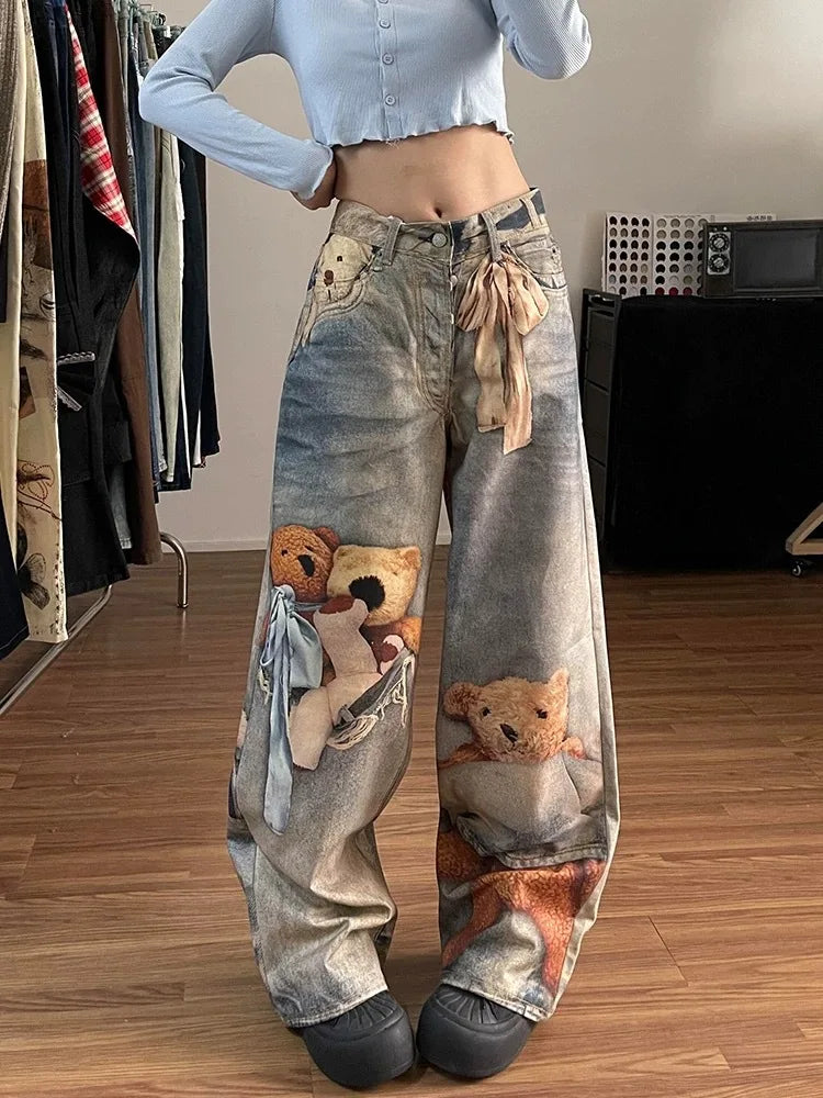 2026 New Spring Women's Colorful Digital Print Bear Jeans High Waist Loose Slim Fit Straight Wide Leg Casual Denim Pants