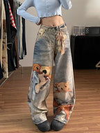 2026 New Spring Women's Colorful Digital Print Bear Jeans High Waist Loose Slim Fit Straight Wide Leg Casual Denim Pants