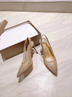 New full diamond hot stamping mesh back empty sandals for women with slim heels and pointed, sweet and breathable high heels