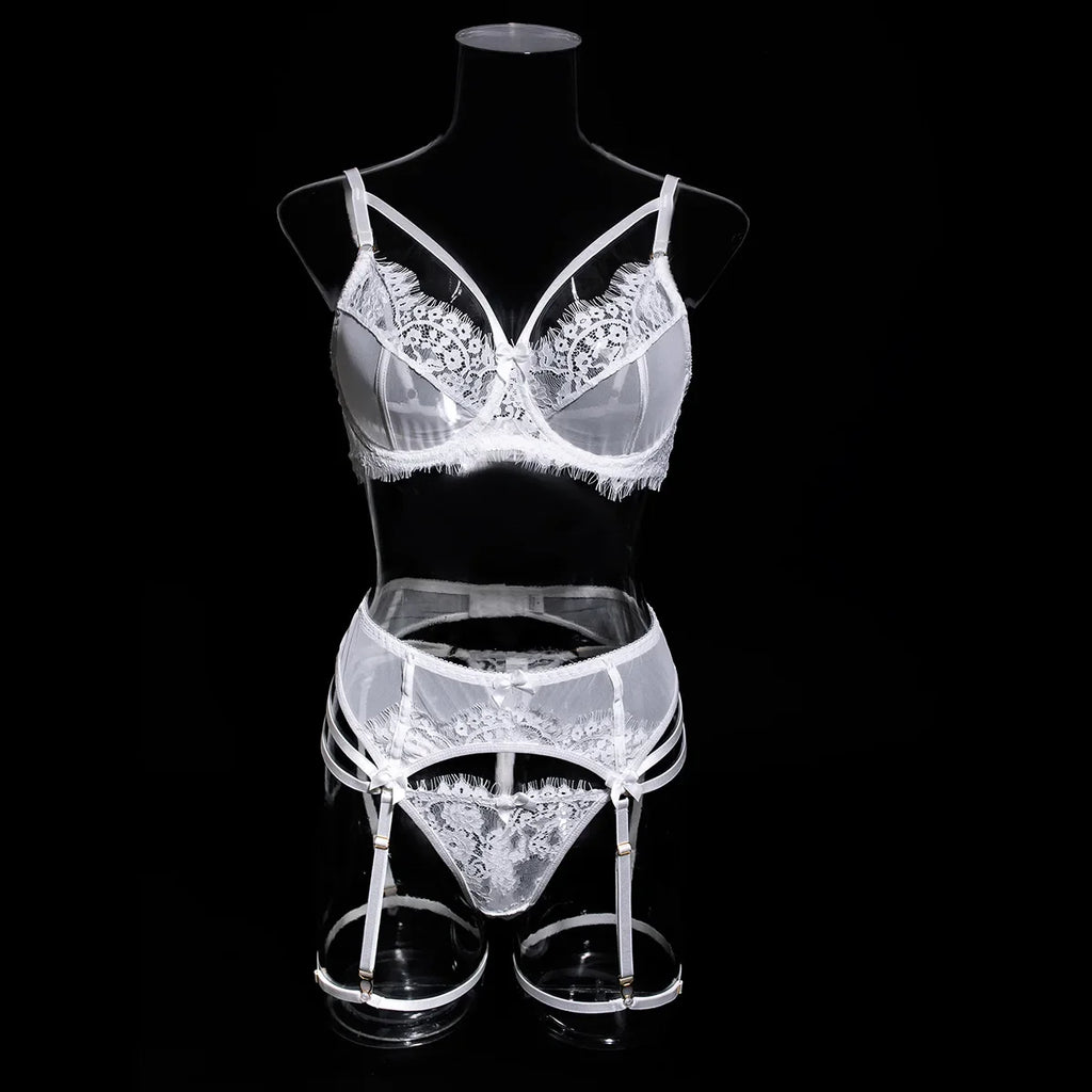 Tornova 4 Piece Sexy Lingerie Set for Women Mesh and Lace Sexy Perspective Push-up Solid Color Lace Hollow Out Underwear Set New