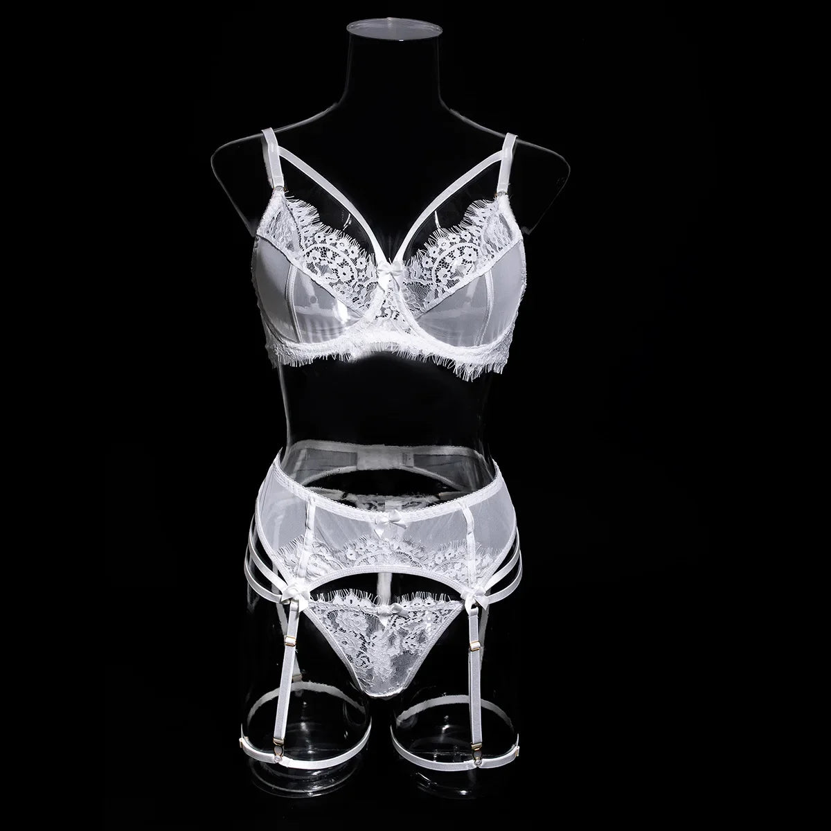 Tornova 4 Piece Sexy Lingerie Set for Women Mesh and Lace Sexy Perspective Push-up Solid Color Lace Hollow Out Underwear Set New