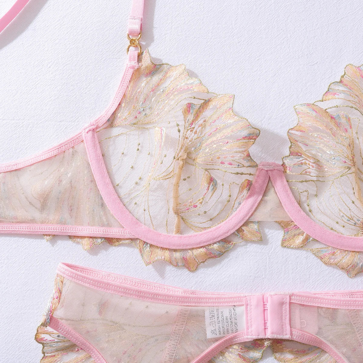 Ellolace Honey Women's Lingerie Sets Romantic Coquette Embroidered Bra 3PC Stockings Premium Gold Thread Jewel Decor Underwear
