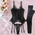 Willowy Women's Lingerie Sets Sexy Corset Lace Bra and Panty 2PCS with Stockings Sheer Outfits Sissy Girl's Intimate Underwear