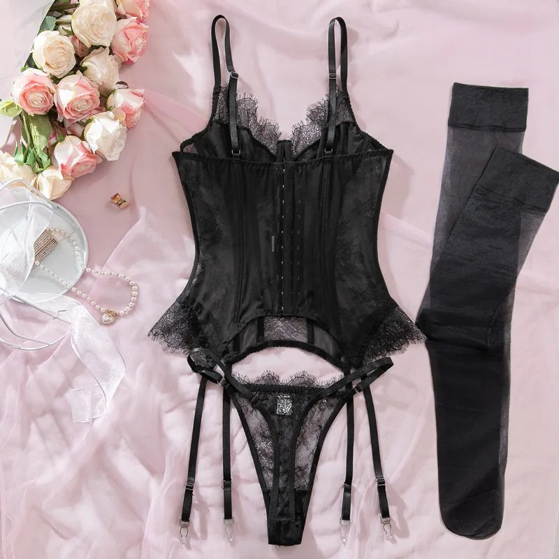 Willowy Women's Lingerie Sets Sexy Corset Lace Bra and Panty 2PCS with Stockings Sheer Outfits Sissy Girl's Intimate Underwear